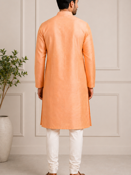 DESI BUTIK Men's Peach Textured Kurta Set