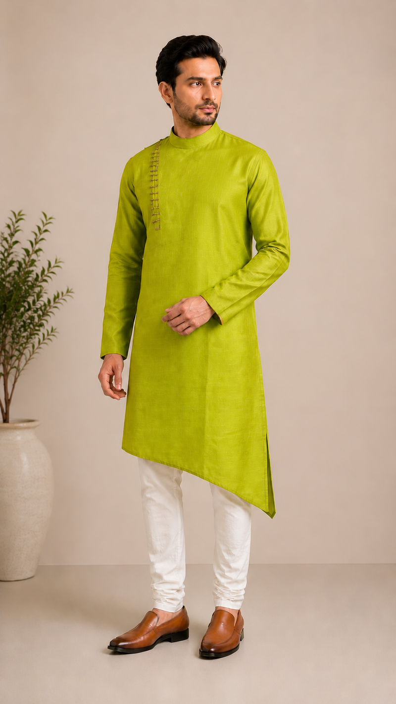 DESI BUTIK Mens Green Asymmetric Kurta Set