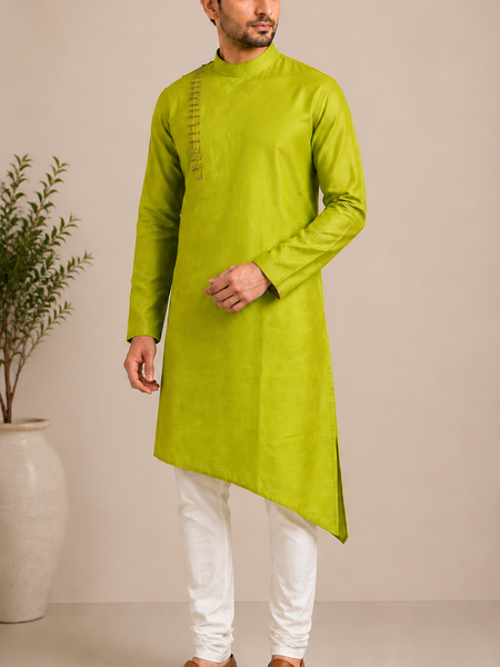DESI BUTIK Mens Green Asymmetric Kurta Set