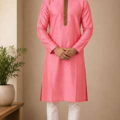 DESI BUTIK Men's Pink Embroidered Kurta Set