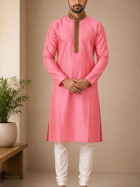 DESI BUTIK Men's Pink Embroidered Kurta Set