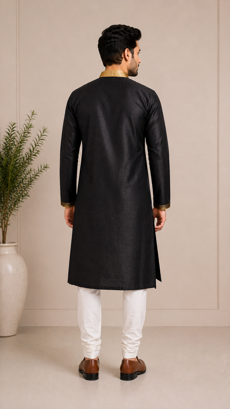DESI BUTIK Men's Black textured Kurta Set