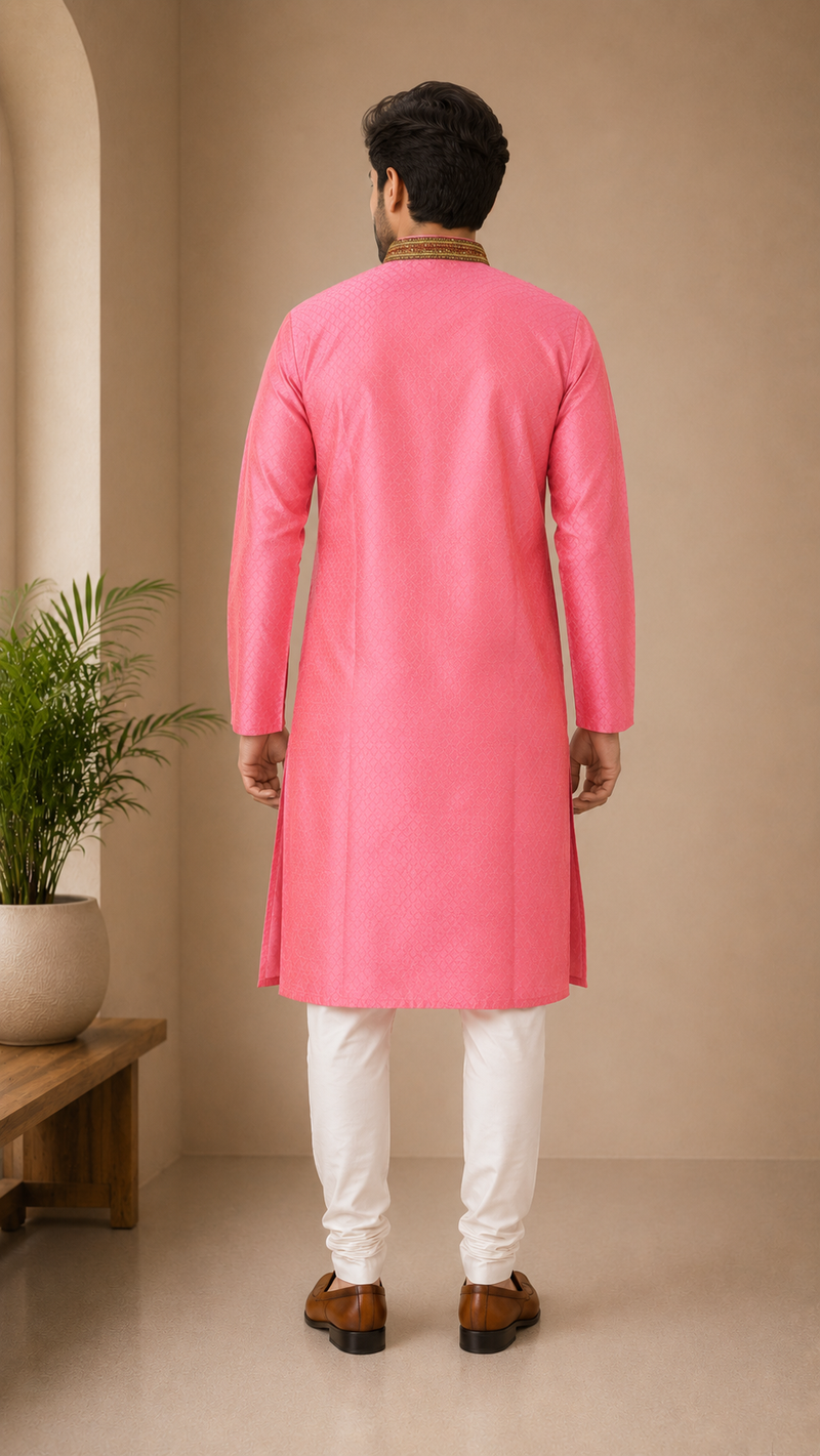 DESI BUTIK Men's Pink Embroidered Kurta Set
