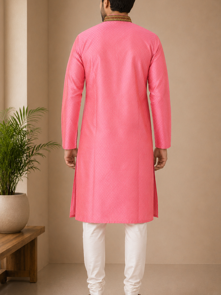 DESI BUTIK Men's Pink Embroidered Kurta Set