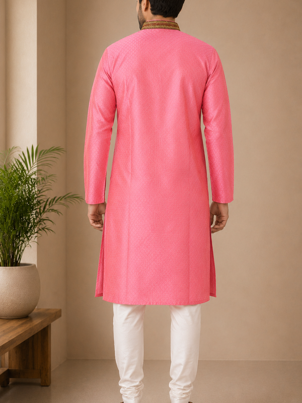 DESI BUTIK Men's Pink Embroidered Kurta Set