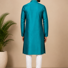 DESI BUTIK Men’s  Embroidered Straight Kurta with White Churidar