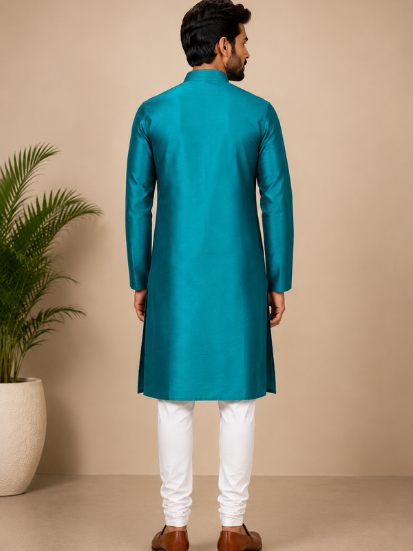 DESI BUTIK Men’s  Embroidered Straight Kurta with White Churidar