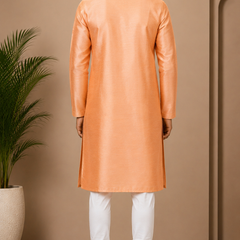 Desi Butik Men's Peach Silk Blend Embroidered Straight Kurta with White Churidar