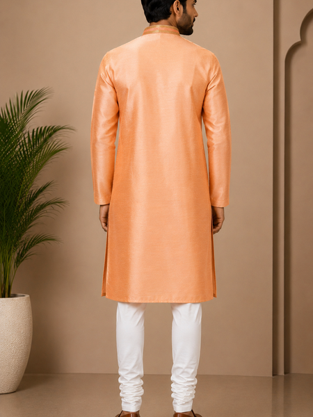 Desi Butik Men's Peach Silk Blend Embroidered Straight Kurta with White Churidar