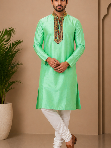 Desi Butik Men's Green Embroidered Straight Kurta with White Churidar