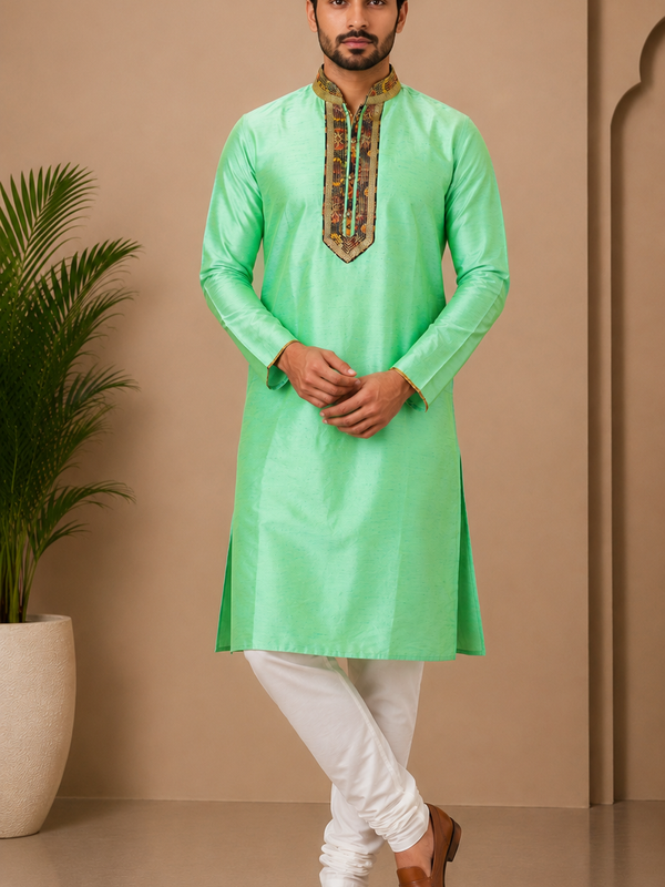 Desi Butik Men's Green Embroidered Straight Kurta with White Churidar