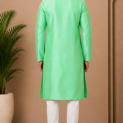 Desi Butik Men's Green Embroidered Straight Kurta with White Churidar