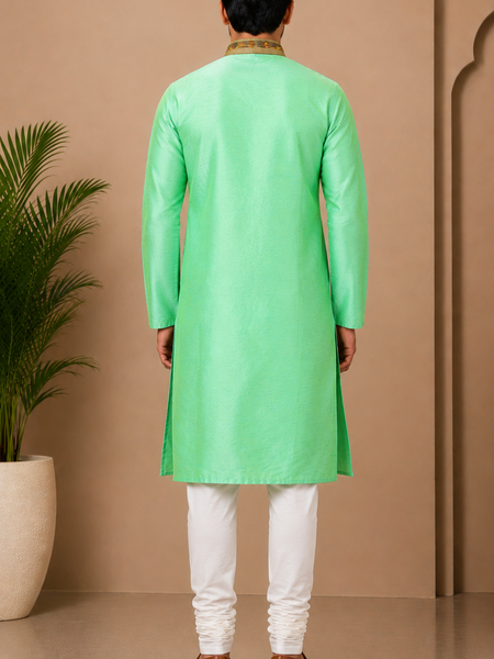 Desi Butik Men's Green Embroidered Straight Kurta with White Churidar