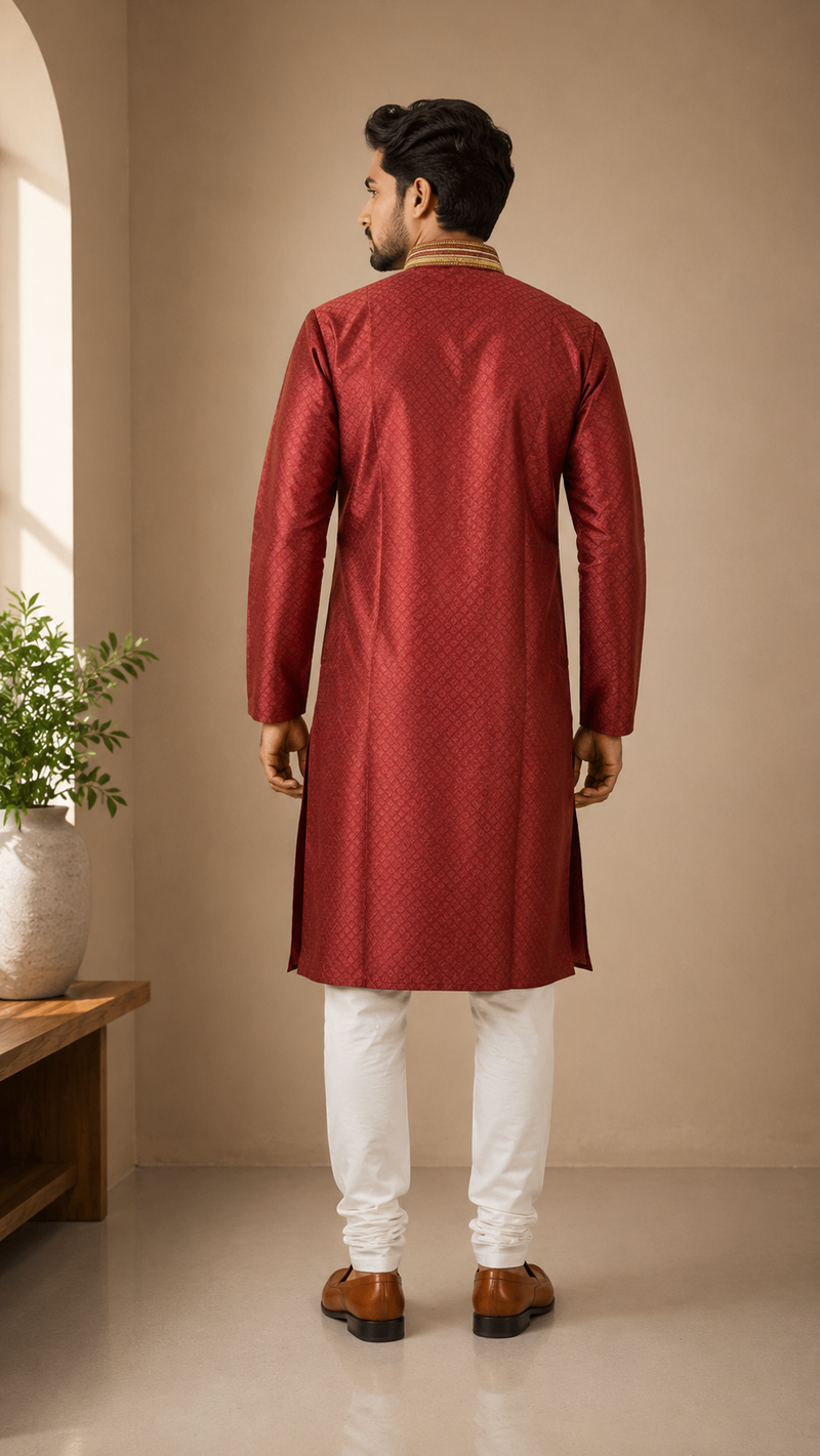 DESI BUTIK Men's Marron Jacquard Kurta Set