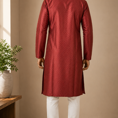DESI BUTIK Men's Marron Jacquard Kurta Set