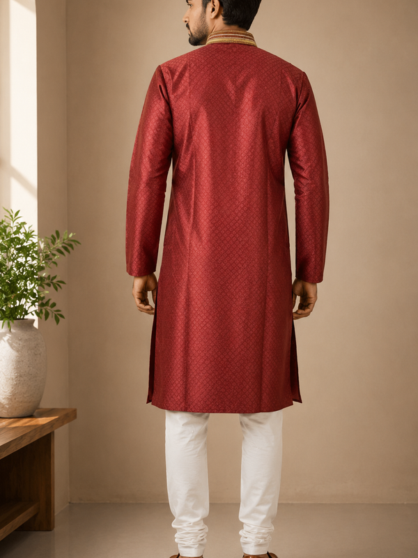 DESI BUTIK Men's Marron Jacquard Kurta Set