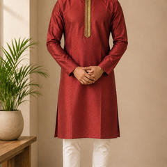 DESI BUTIK Men's Marron Jacquard Kurta Set