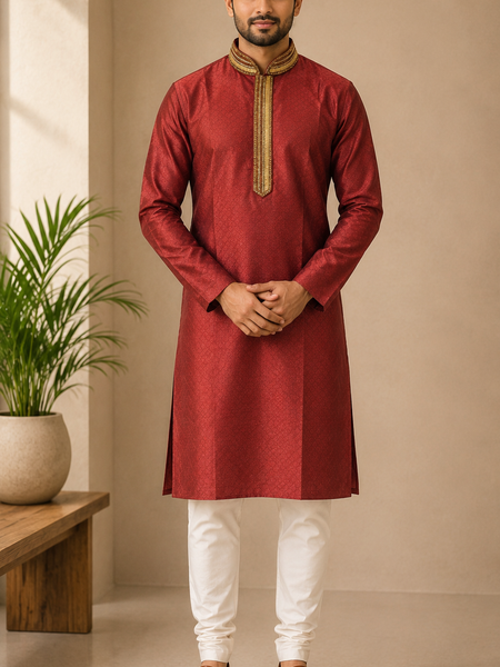 DESI BUTIK Men's Marron Jacquard Kurta Set