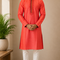 DESI BUTIK Men's Orange Embroidered Kurta Set