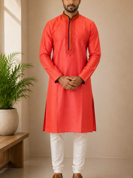 DESI BUTIK Men's Orange Embroidered Kurta Set