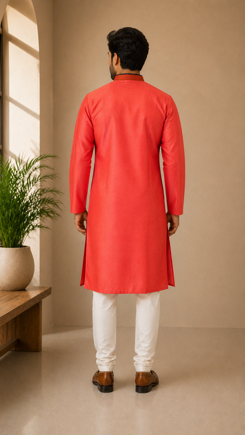 DESI BUTIK Men's Orange Embroidered Kurta Set