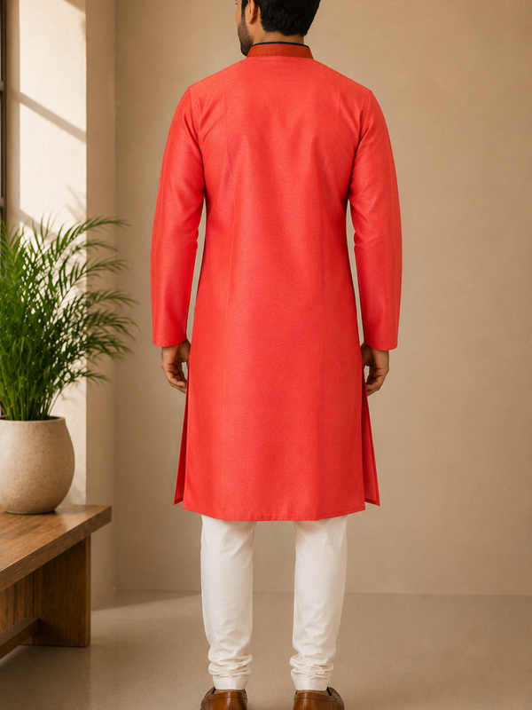 DESI BUTIK Men's Orange Embroidered Kurta Set