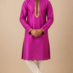 DESI BUTIK Men's Magenta Jacquard Kurta Set