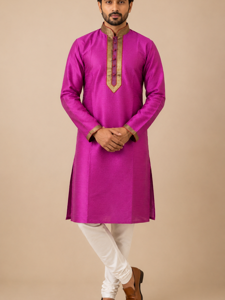 DESI BUTIK Men's Magenta Jacquard Kurta Set