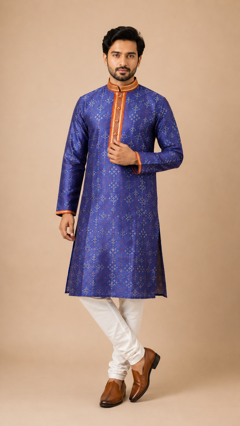 DESI BUTIK Men's Blue Printed  Kurta Set