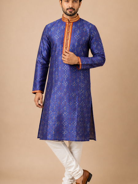 DESI BUTIK Men's Blue Printed  Kurta Set