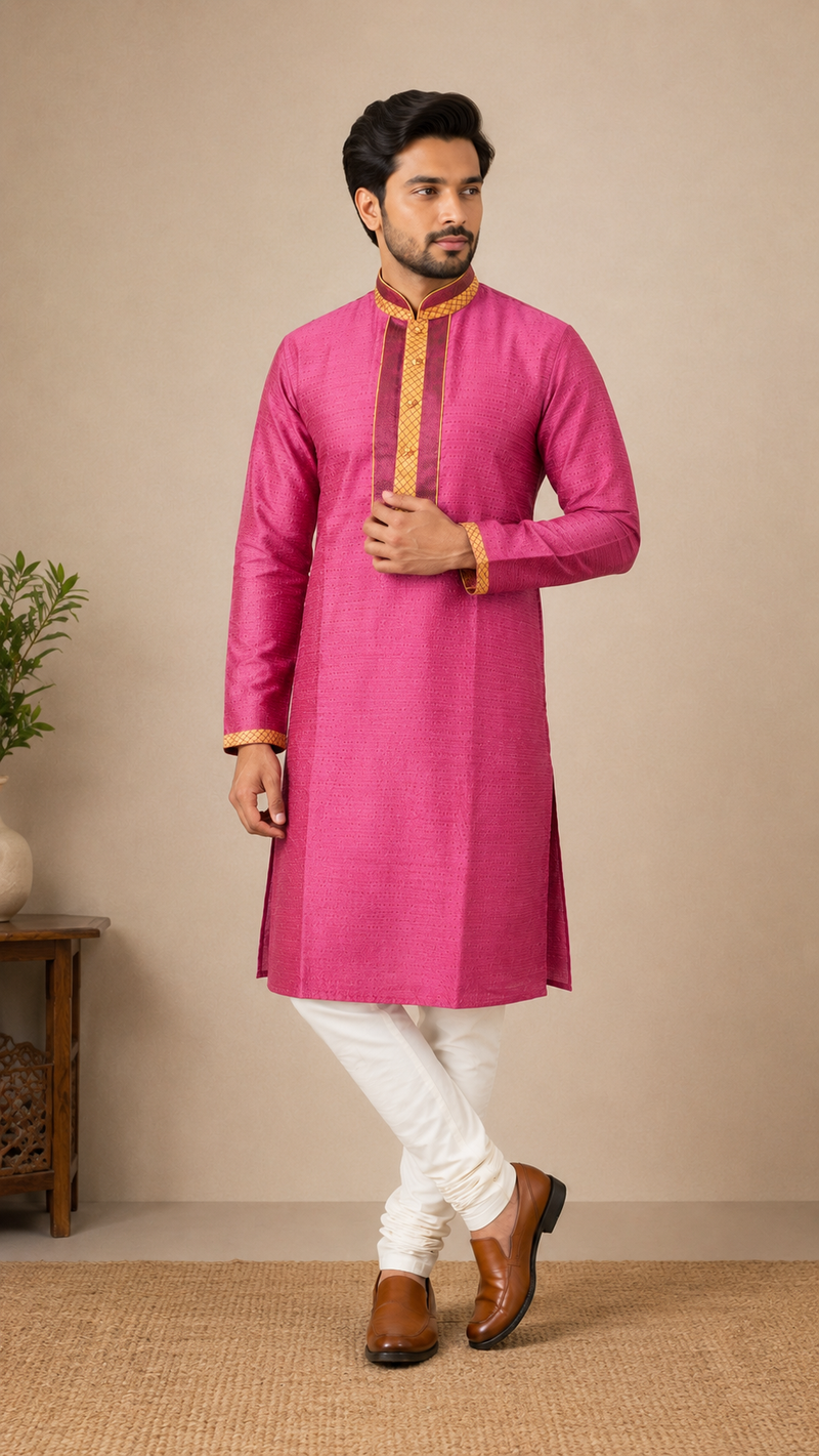 DESI BUTIK Men's Pink Jacquard  Kurta Set