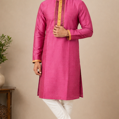 DESI BUTIK Men's Pink Jacquard  Kurta Set