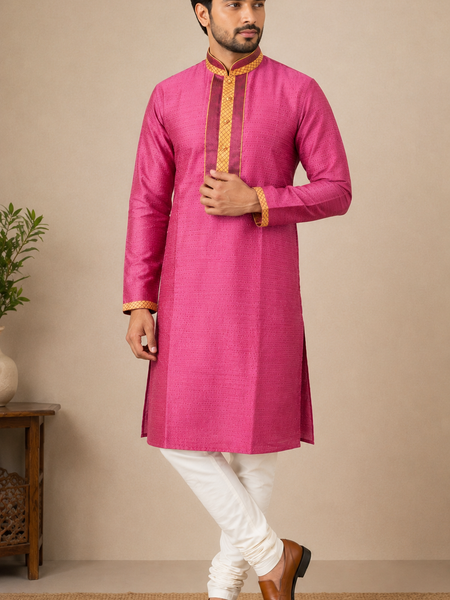 DESI BUTIK Men's Pink Jacquard  Kurta Set