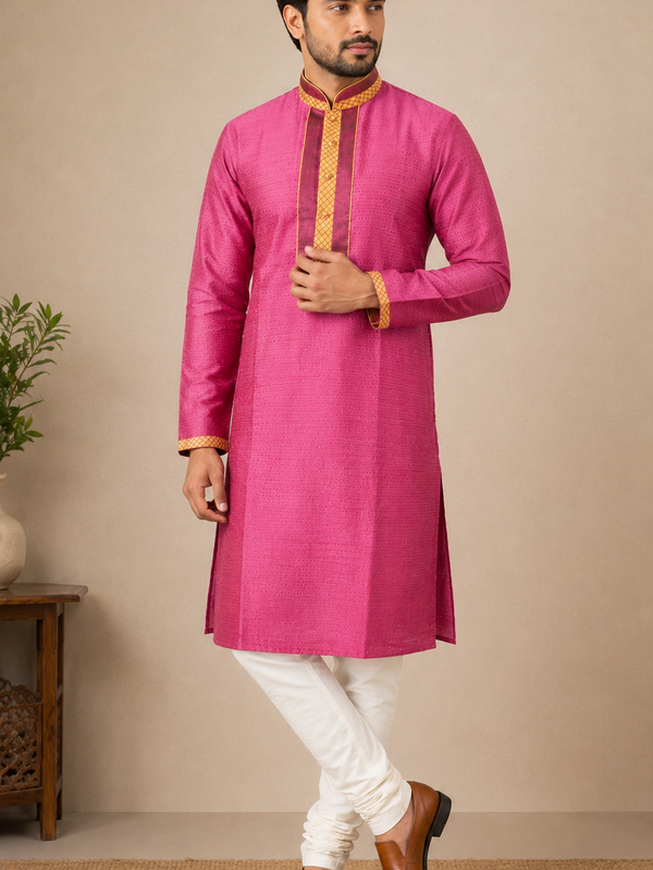 DESI BUTIK Men's Pink Jacquard  Kurta Set