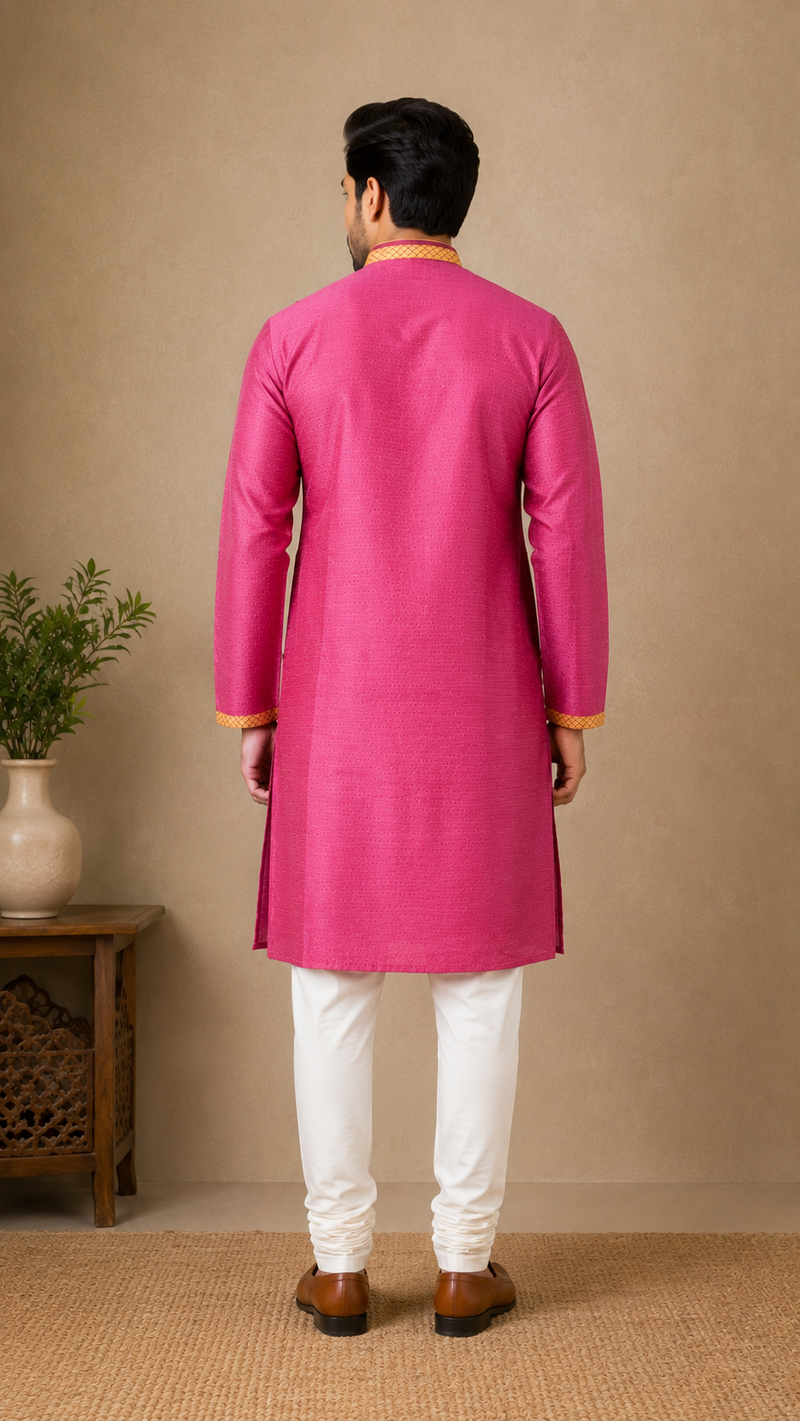 DESI BUTIK Men's Pink Jacquard  Kurta Set