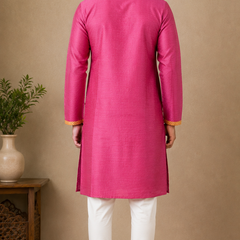 DESI BUTIK Men's Pink Jacquard  Kurta Set