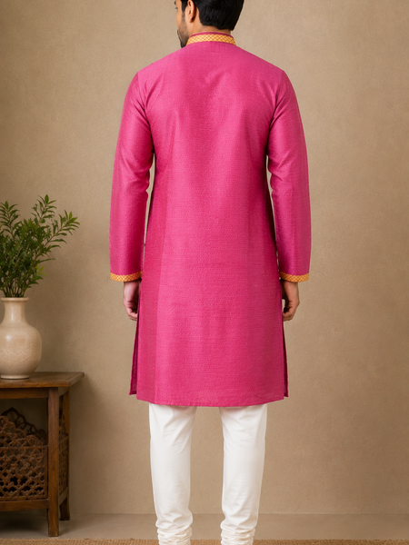 DESI BUTIK Men's Pink Jacquard  Kurta Set