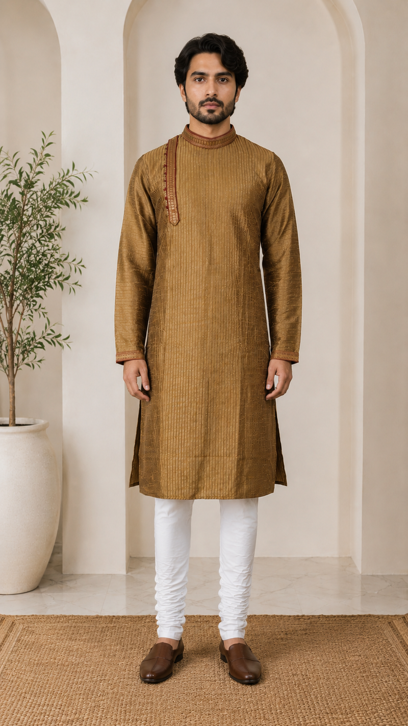 DESI BUTIK Men's Golden Textured  Kurta Set