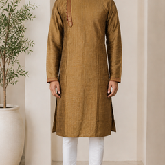 DESI BUTIK Men's Golden Textured  Kurta Set