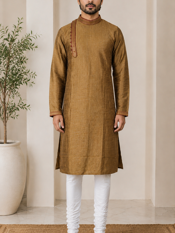 DESI BUTIK Men's Golden Textured  Kurta Set