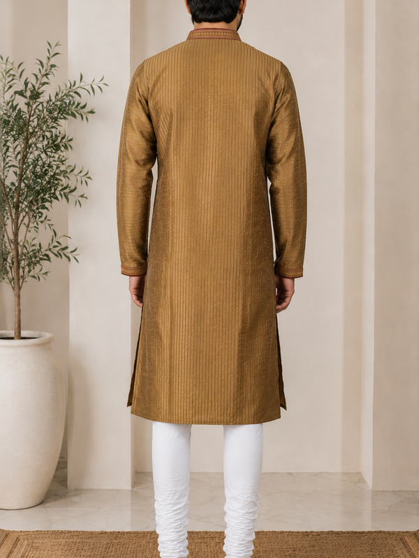 DESI BUTIK Men's Golden Textured  Kurta Set