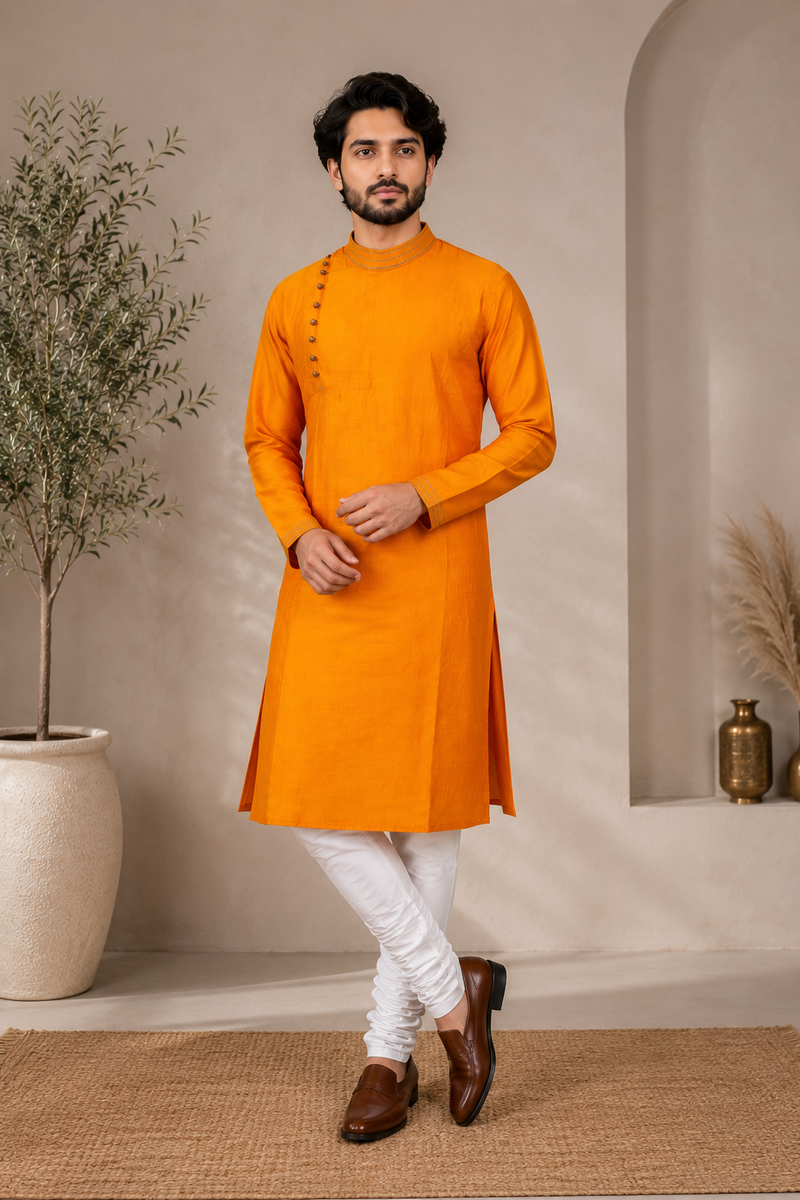 DESI BUTIK Men's Solid Orange Kurta Set