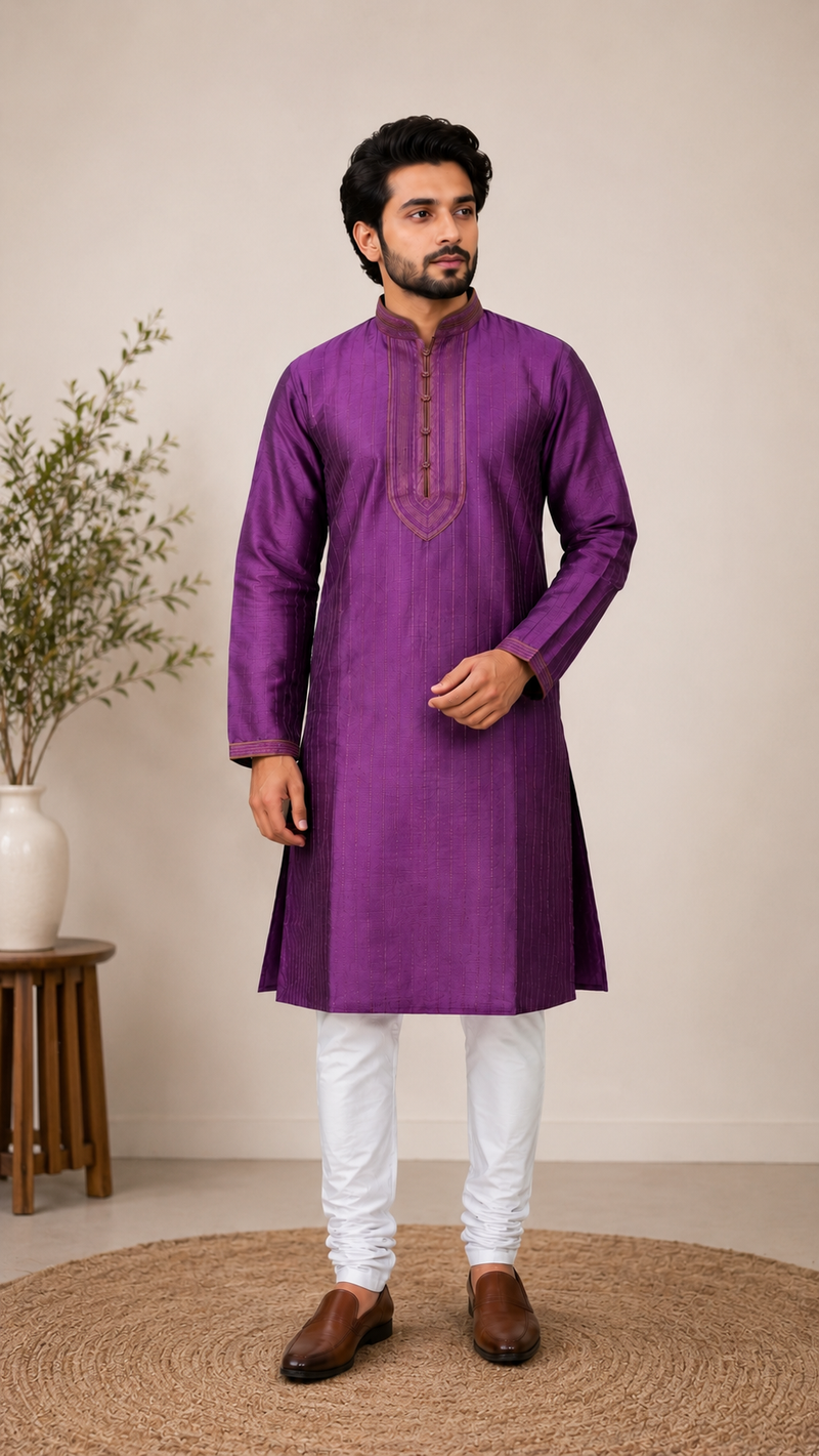 DESI BUTIK Men's Printed Purple Kurta Set