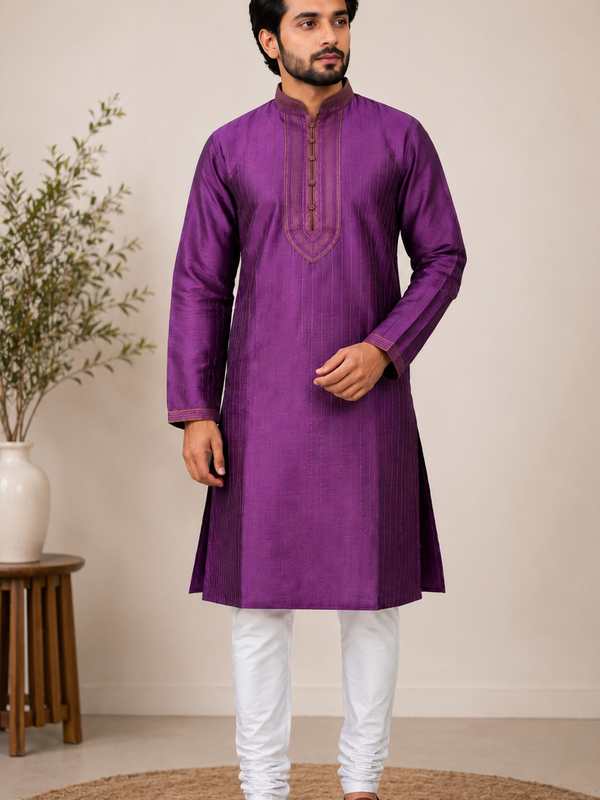 DESI BUTIK Men's Printed Purple Kurta Set