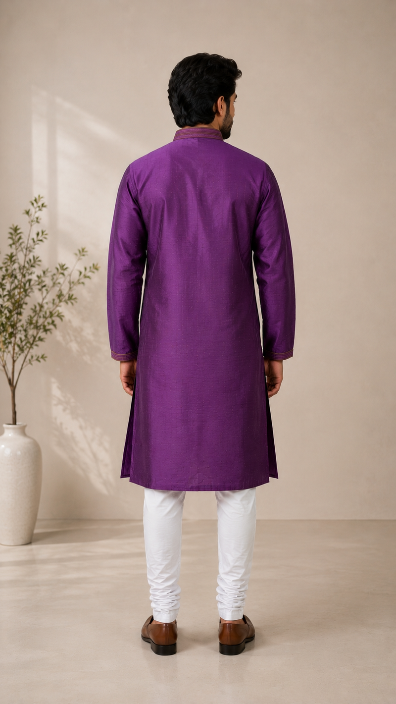 DESI BUTIK Men's Printed Purple Kurta Set