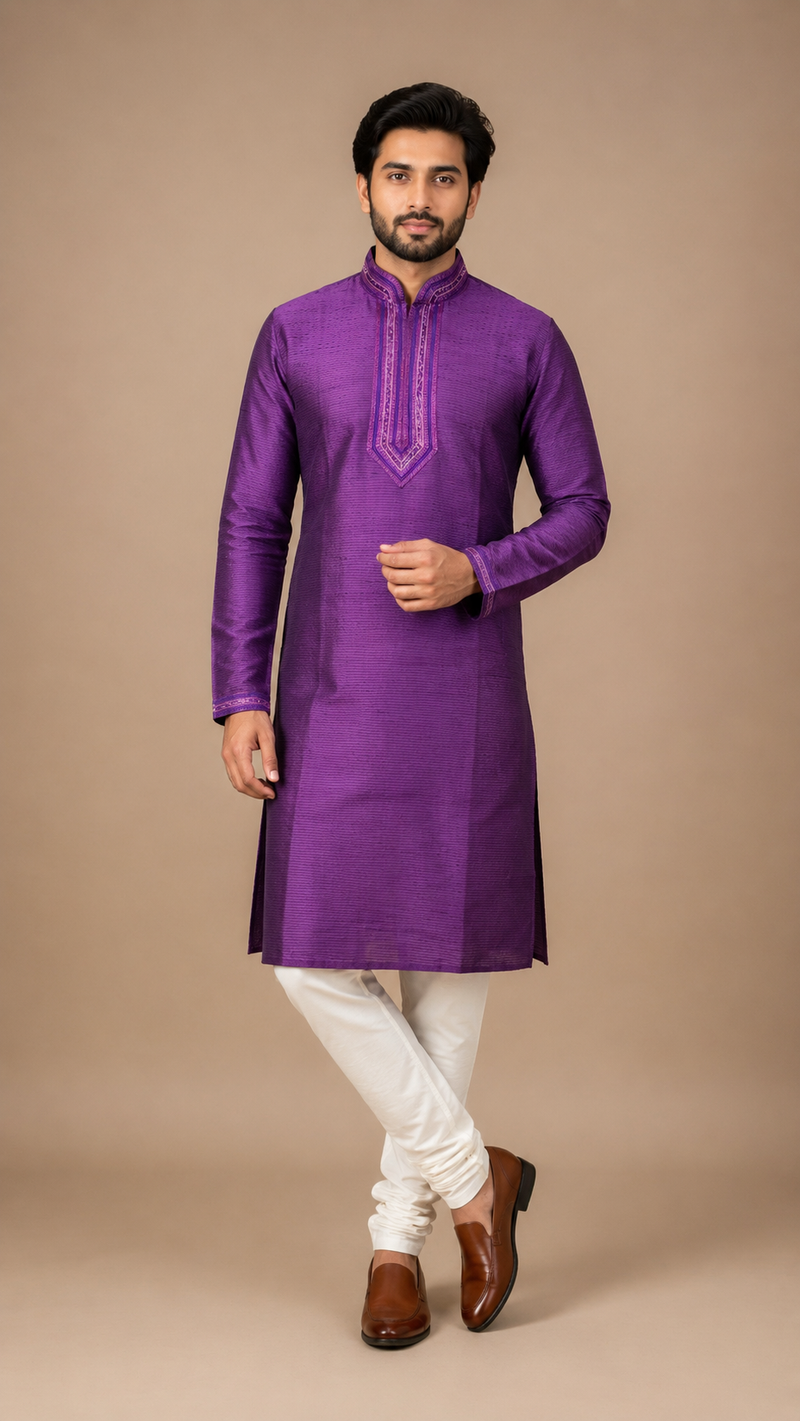 DESI BUTIK Men's Purple Textured Kurta Set