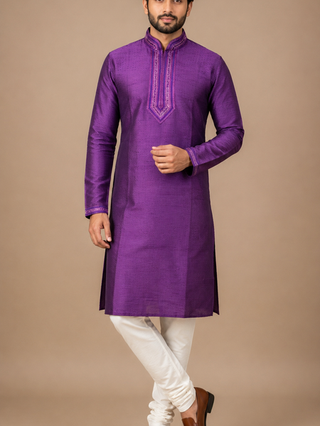 DESI BUTIK Men's Purple Textured Kurta Set