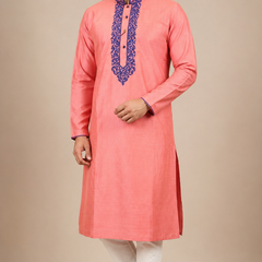 DESI BUTIK Men's Pink Embroidered Kurta Set