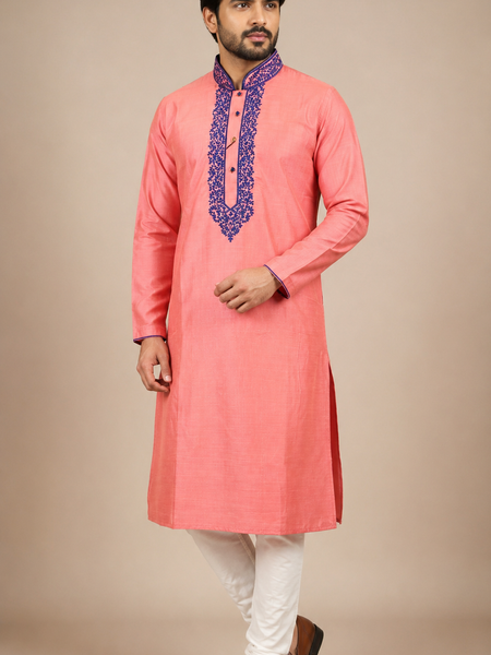 DESI BUTIK Men's Pink Embroidered Kurta Set