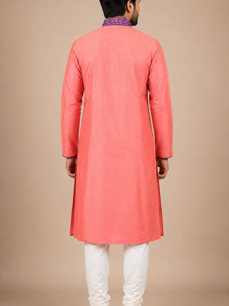 DESI BUTIK Men's Pink Embroidered Kurta Set